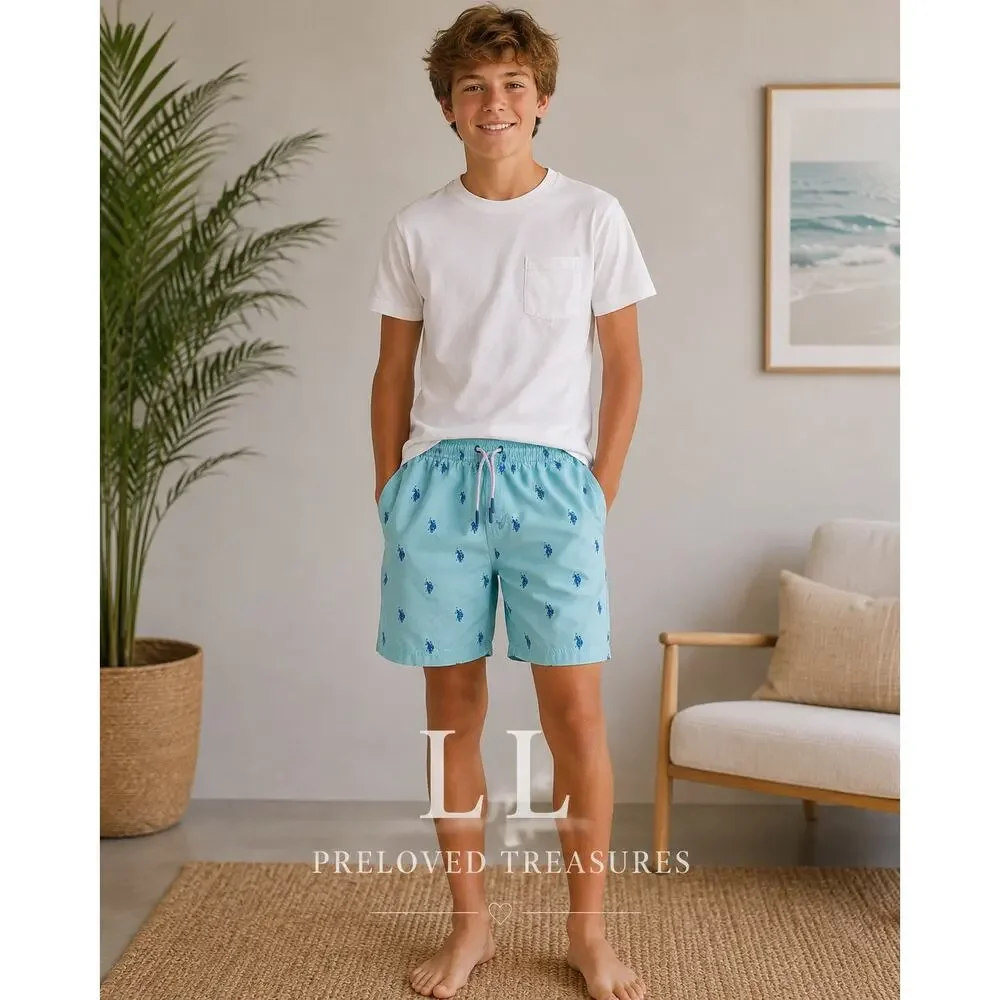 U.S. Polo‎ Assn Boys Aqua Blue Allover Pony Swim Trunks Shorts XL 14-16